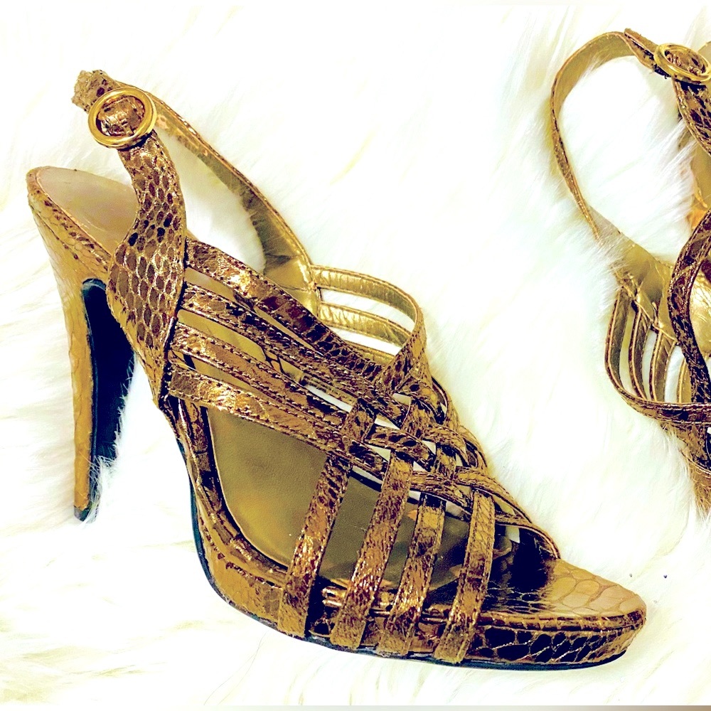Nine West Metallic Copper Bronze Snakeskin Strappy Slingback Heels Sz 6.5